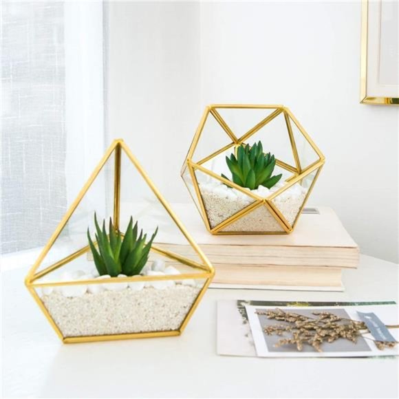 Artificial Succulent in 3 Pack Mini Glass Geometric Terrarium, Miniature Potted - Picture 3 of 6